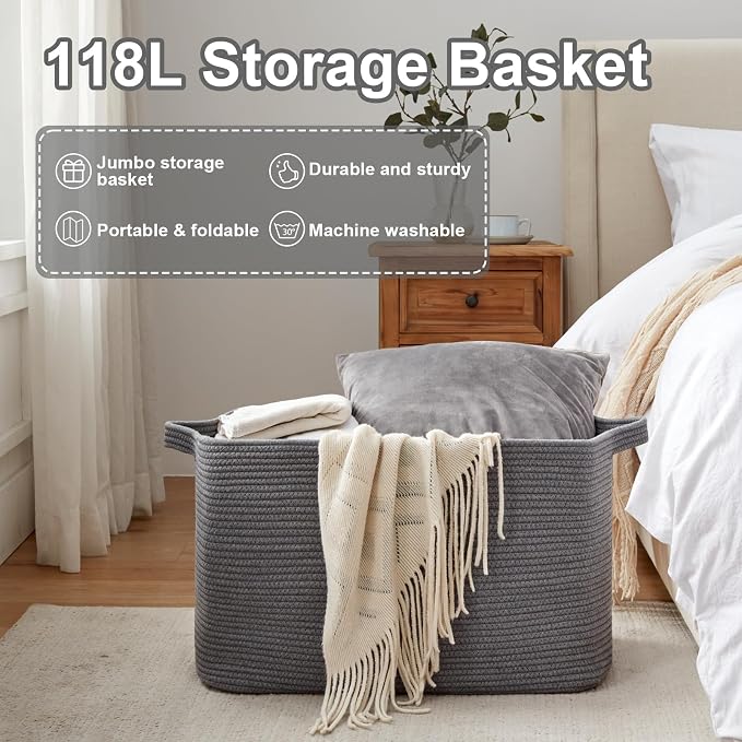 OIASKET 118L Extra Large Blanket Basket, 24.8" x 17.7" x 17.2" Woven Storage Basket for Living Room, Rectangle Nursery Blanket Storage for Toys, Towels, Dirty Clothes (Grey)