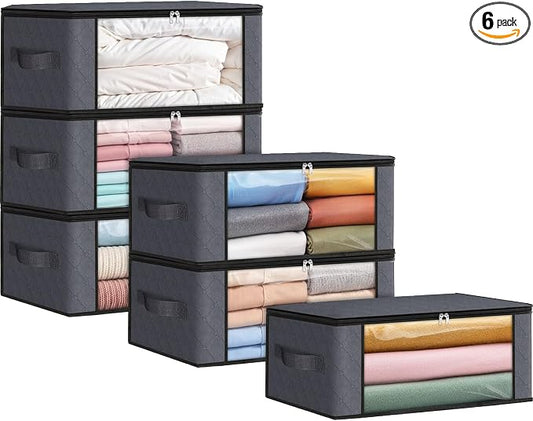 Fab totes 35L Closet Organizers and Storage, Foldable Under Bed Storage Containers, Storage bags for Organizing Bedroom, Closet, Clothing,Organization with Handle (6 Pack,Grey)