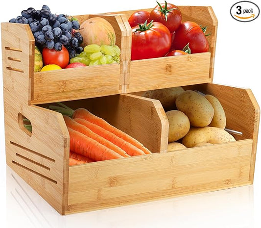Noamus 2 Tier Bamboo Stackable Storage Bins, 4 Compartment Potato and Onion Storage Baskets, Pantry Organizer Holder with Handle, Open Front Kitchen Fruit Containers for Fruit Bread Vegetable Garlic