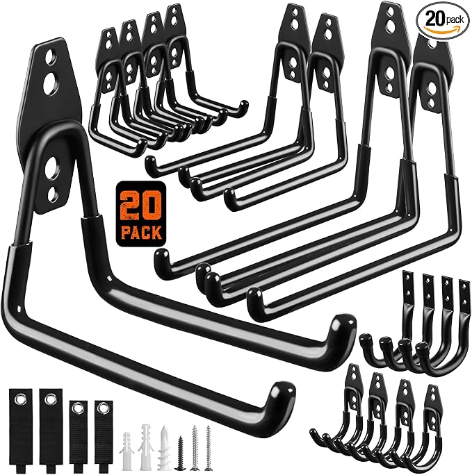 LANDNEOO Garage Hooks, 20-Pack Steel Garage Accessories for Organization and Storage, Heavy Wall Mount Duty Hooks with Anti-Slip Coating for Hanging Ladder, Bike, Power Tools and More Tools, Black