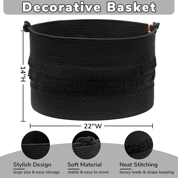 CherryNow 90L Large Woven Rope Blanket Basket with Tassel, 22" x 14", Black | Boho Basket for Toys, Clothes & Pillows Storage, Fits Bedroom Living Room Home Décor, Laundry Hamper with Knotted Handles