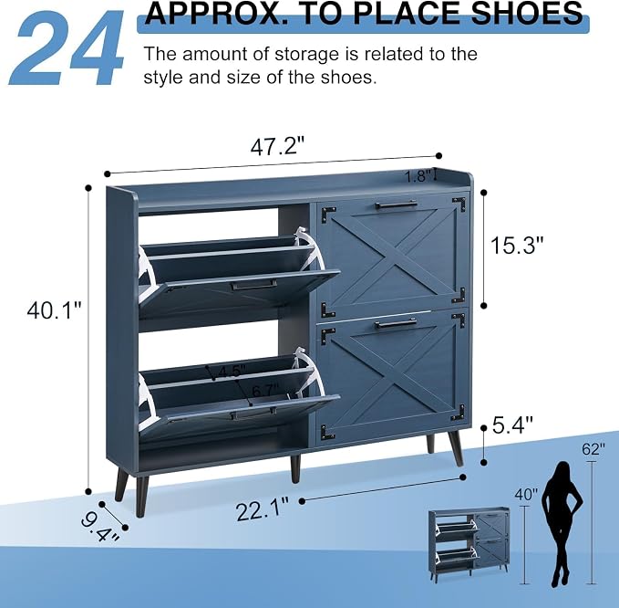 Barnyatoh Farmhouse Shoe Storage Cabinet,Shoe Organizer with 4 Flip Drawers | Freestanding Hidden Slim Narrow Shoe Rack Cabinet,Barn Door Design, Wood Shoes Organizer for Entryway,Foyer,Hallway,Navy Blue