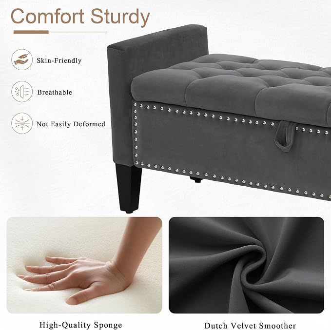 Velvet Ottoman with Storage, 46'' Upholstered Button Tufted End of Bed Bench with Arms, Modern Storage Bench for Living Room, Bedroom, Entryway, Dark Grey