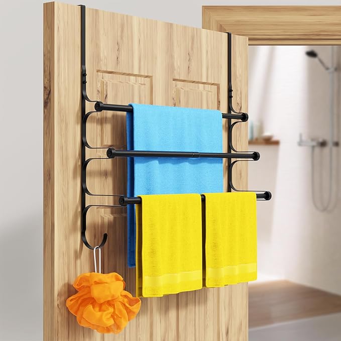 CANYAVE Over The Door Towel Rack, Over Door Towel Rack for Bathroom Door, Triple Towel Storage Holder with Hooks (Matte Black)