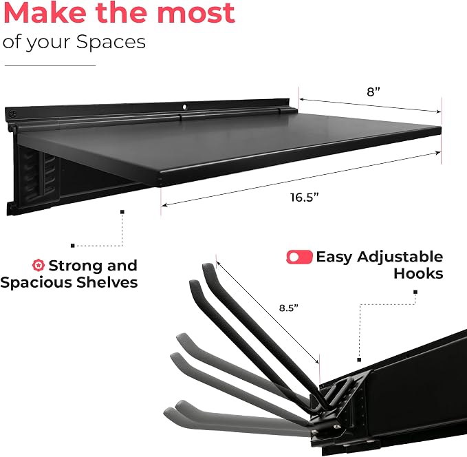 TIDYME Garage Tool Organizer Wall Mount 64", 2 Shelves & 4 Single Hooks | 2x16.5 in floating shelves hold 120 lbs each, 8.5 in hooks 50 lbs each, anti-rust carbon steel, garage organization
