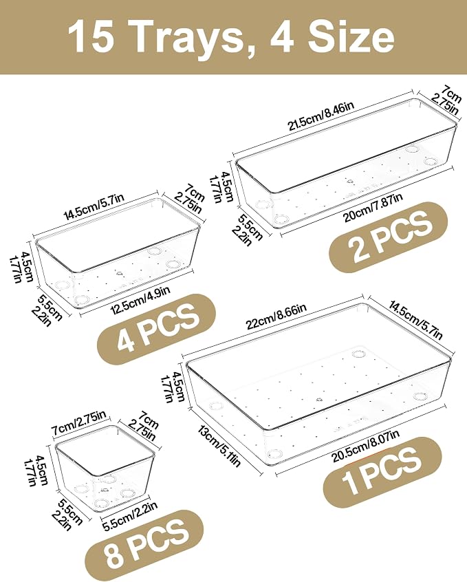 15Pcs Clear Plastic Drawer Organizers Set, 4size makeup drawer organizer trays for vanity/desk/bathroom/office/nightstand/gadgets for kitchen/desk drawer, Versatile drawer divider storage bins