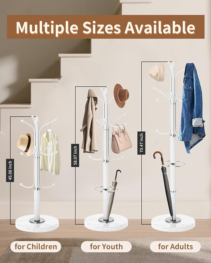 Modern Coat Rack Stand, Metal Freestanding Coat Rack with Natural Marble Base, Heavy-Duty Coat Racks with Umbrella Holder,White Coat Hanger Stand with 12 Hooks for Office, Entryway, Hallway