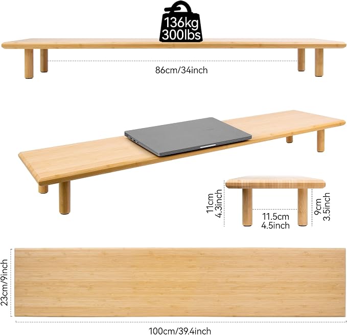 Bamboo Dual Monitor Stand Riser, Natural Desk Shelf with Storage | 39.37-Inch Wide, 3.5-Inch Clearance, Fits Keyboards, Soundbars and Two 24-Inch Monitors for Home Office