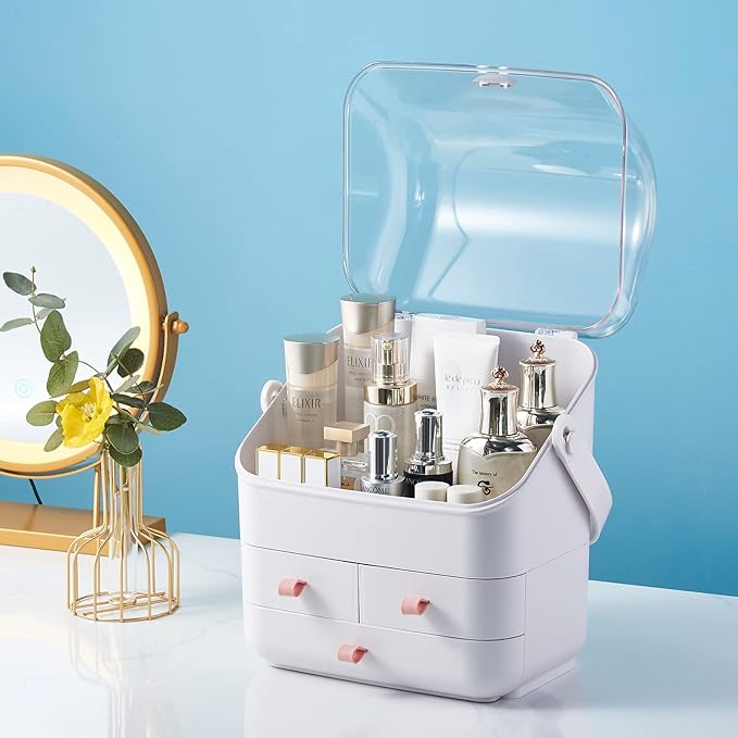 SUNFICON Makeup Organizer Cosmetic Organizer Makeup Storage Holder Box Crystal Clear Lid w Handheld 3 Drawers Dustproof Waterproof for Vanity Bathroom Countertop Birthday
