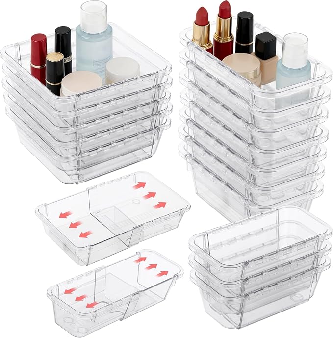 15 Pcs Extendable Clear Bathroom Drawer Organizer Trays 2-Size Adjustable Vanity Storage Box for Makeup Cosmetic Bedroom and Gadgets