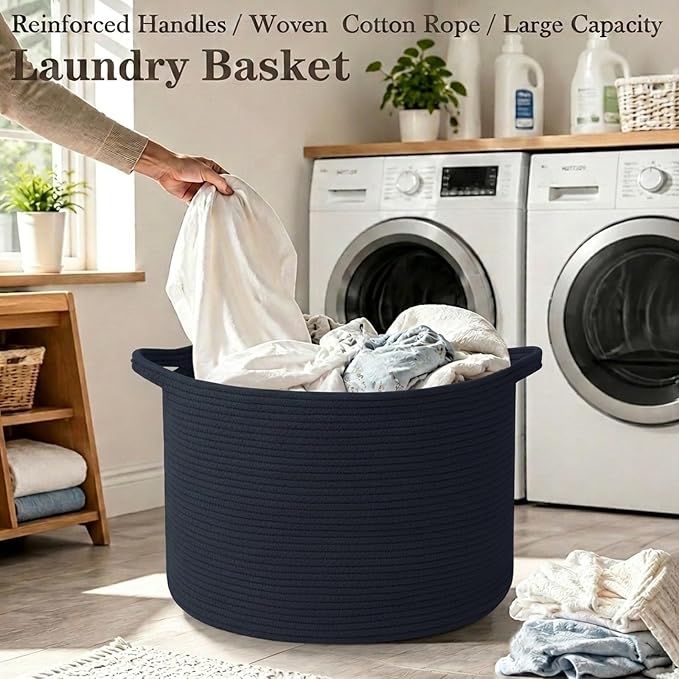115L Extra Large Woven Cotton Rope Laundry Basket-Navy Blue | Collapsible, reinforced handles, nursery storage bin organizes clothes, toys and pillows for living room, bedroom bathroom