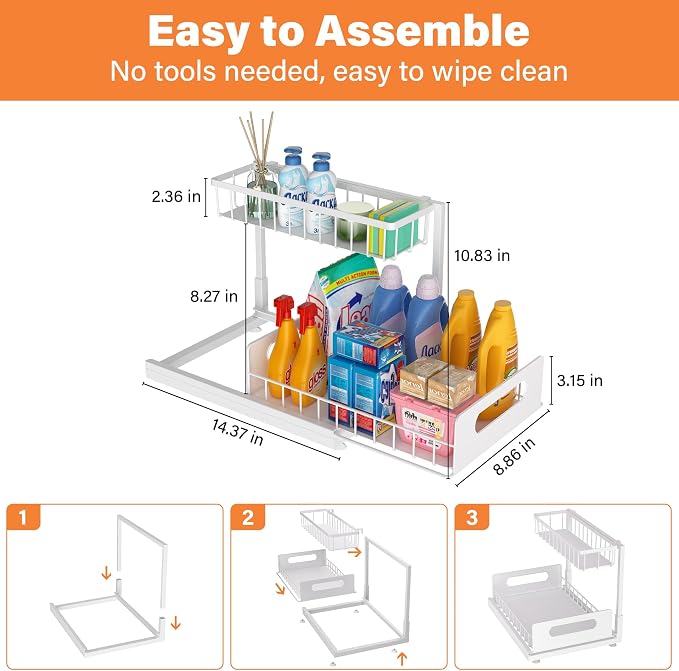 Under Sink Organizer, 2-Tier Pull-Out Metal Drawer, 2 Pack | White metal 2-pack with lower pull-out drawers and fixed upper baskets for kitchen, bathroom and cabinet storage