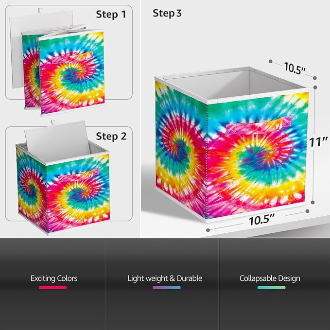 Sorbus Fabric Storage Cubes - 6 Foldable Tie Dye Storage Bins for Organizing Cubbies, Toy Box - Clothes Storage & Closet Organizer - 11 Inch Collapsible Cube Baskets for Shelves with Handle