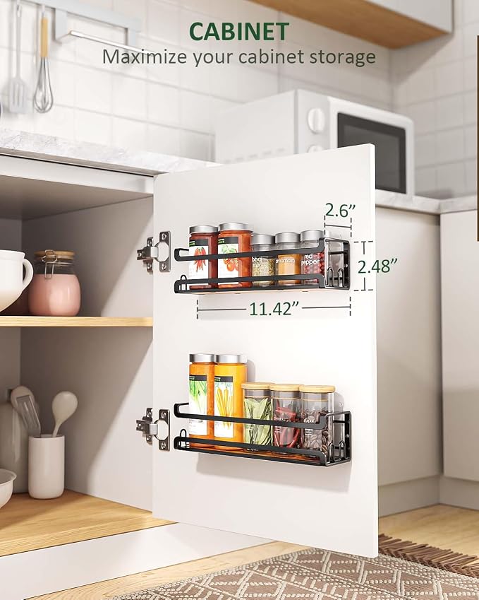 Doakhirmit Wall Mounted Spice Rack,Wooden Spice Holder Black,6 Pack | 24 Hooks,Screw or Adhesive Installation , Hanging Organizer for Stove Cabinet Pantry Door Kitchen and RV Use