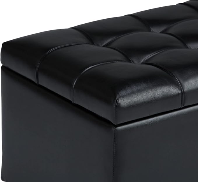SIMPLIHOME Avalon 35" Wide Velvet Square Storage Ottoman in Blue | Transitional ottoman with tufting and lift-up lid; rectangle storage bench for living room or entryway.