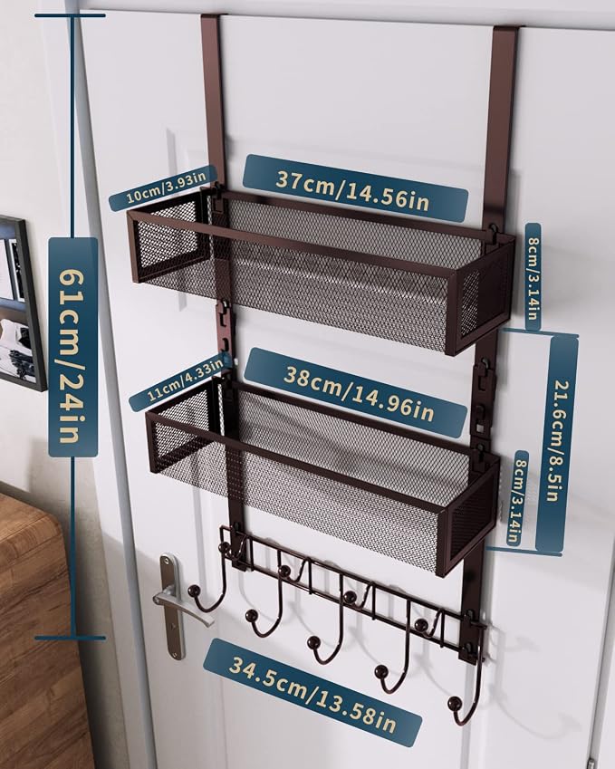 Consumest Over The Door Hooks Organizer - 3 Tier Door Hanger with 9 Coat Hooks & 2 Mesh Basket, Back Storage Organizer Hanging Towels for Bathroom, Bedroom, Bronze