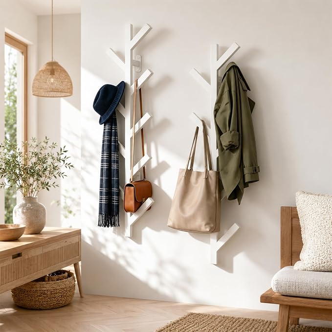 Vlush 2Pack Wall Mounted Coat Rack - 9 Hooks, Modern Metal Design, for Hats, Coats and Bags - Suitable for Entryways and Bedrooms - White (37.9" Height)