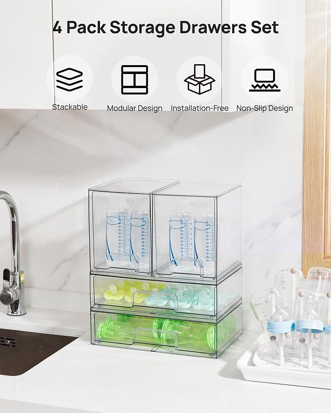 Vtopmart 8 Pack Stackable Storage Drawers Set, Clear Plastic Organizer Bins for Baby Bottle, Beauty Supplies Storage, Ideal for Kichen Countertop, Vanity, Bathroom, Cabinet, Pantry Organization
