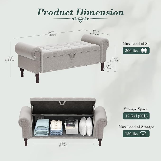 Apicizon 51” Bench with Storage, Upholstered Tufted Button Bedroom Bench with Storage, Linen Ottoman Bench for Bedroom, Living Room, Entryway, Light Gray