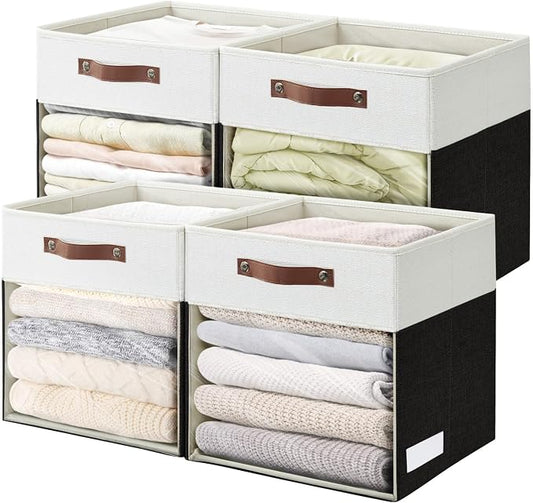 Storage Cubes, 4 Pack Linen Foldable Storage Bins (13 x 13 inch) with Clear Window and Handles, Fabric Organizer for Shelf Closet, Clothes, Books - (Black and White)
