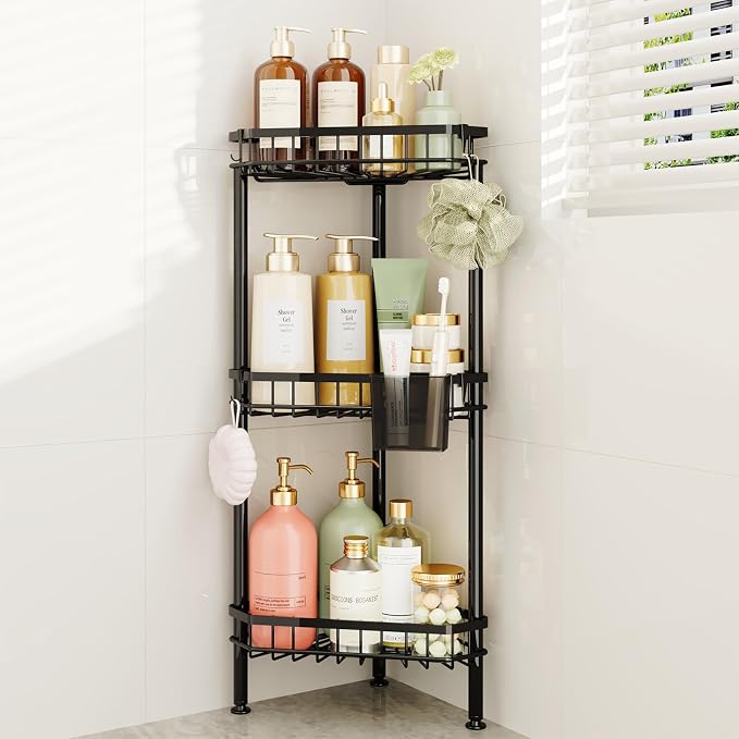 Consumest Corner Shower Caddy Stand - Rustproof Bathroom Organizer&Storage | 3 Tier Shower Shelves for Inside Shower, Stainless Steel Corner Shelf with Soap Holder, 4 Hooks, Brush Holder, Black
