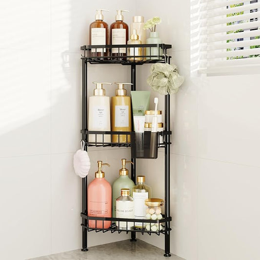 Consumest Corner Shower Caddy Stand - Rustproof Bathroom Organizer&Storage | 3 Tier Shower Shelves for Inside Shower, Stainless Steel Corner Shelf with Soap Holder, 4 Hooks, Brush Holder, Black