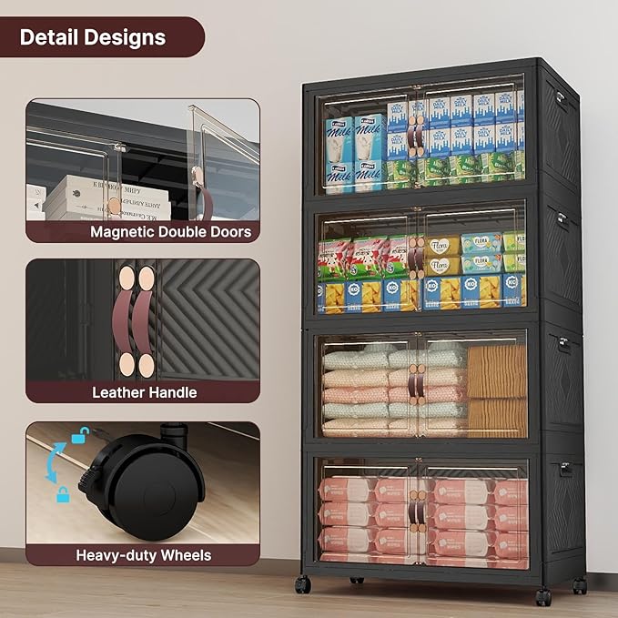 UAMFURI Stackable Storage Bins with Lids, 960QT Lockable Storage Cabinet | Folding Storage Box with Doors and Wheels, Collapsible Plastic Drawers for Home, Garage, Office