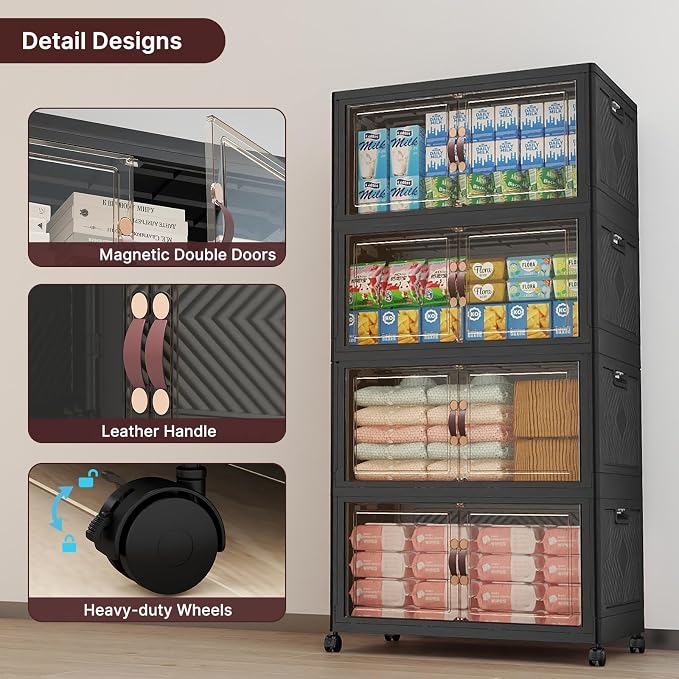 UAMFURI Stackable Storage Bins with Lids, 480QT Lockable Storage Cabinet | Folding Storage Box with Doors and Wheels, Collapsible Plastic Drawers for Home, Garage, Office