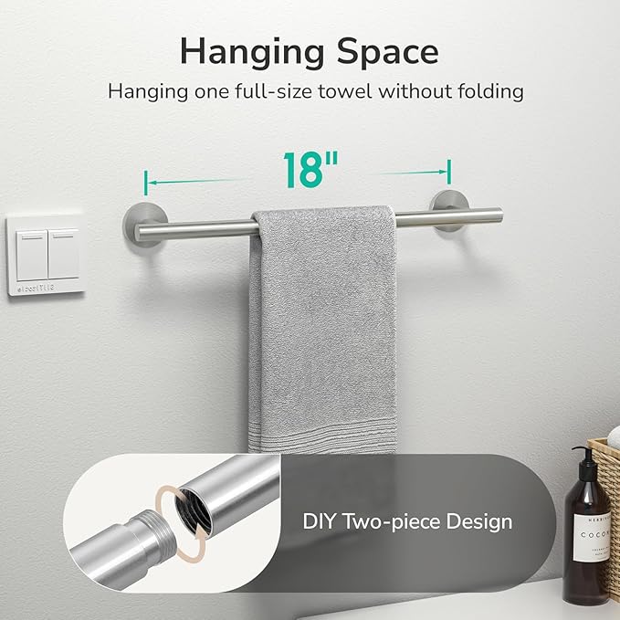 USHOWER Brushed Nickel Towel Bar, 18-Inch Towel Racks for Bathroom | Thicken SUS304 Stainless Steel Towel Rod, Towel Holder Wall-Mounted, Modern Home Decor (Total Length 20-Inch)
