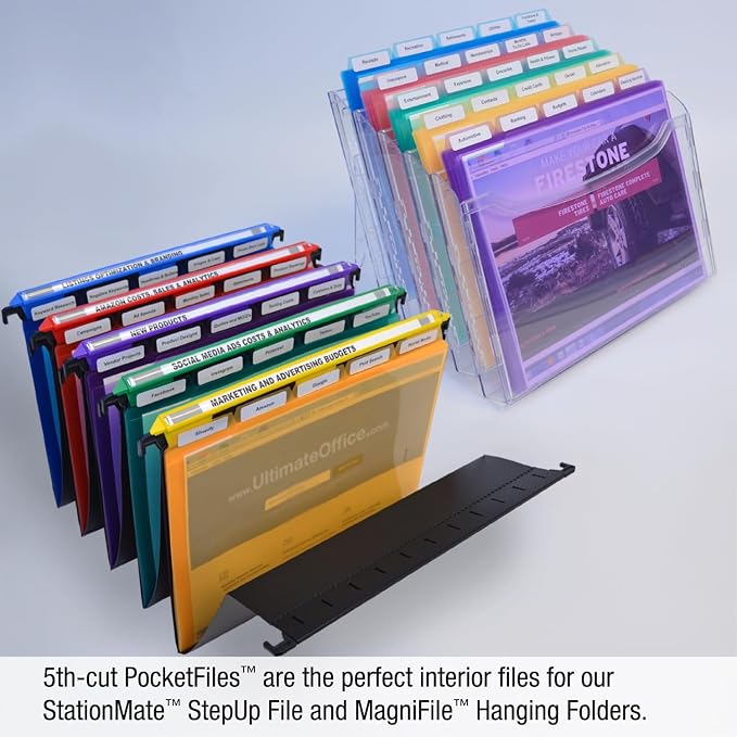 Ultimate Office PocketFile Clear Document Folders, 5th-Cut, Set of 25 | Clear poly project pockets in 5 assorted colors; letter size; sort, color-code, and protect documents without punching