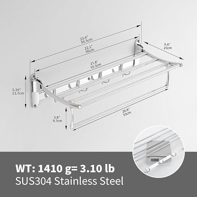 24 Inch Polished Chrome Towel Racks, Bathroom Towel Shelf with Foldable Towel Bar Holder and Towel Hooks, Wall Mounted Multifunctional Bathroom Accessories, Double Towel Bars