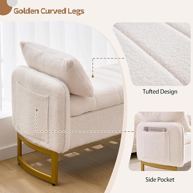 66" End of Bed Bench King Size, Teddy Boucle Storage Bench for Bedroom Foot of Bed, Storage Ottoman Bench with Golden Legs and Pillows for Living Room Window Entryway, White