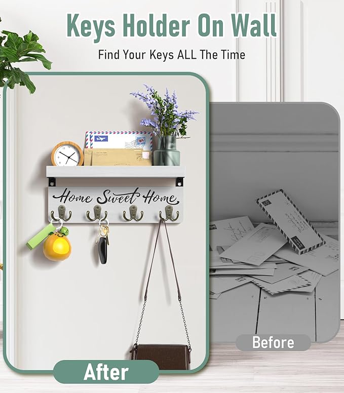 buways Key Holder Wall Mount with 8 Rustic Hooks and Cozy Home Sign(White) | Solid Wood,lots of colors, Floating Shelf for Keys, Mail, and Daily Essentials in Entryways, Hallways or Home Decor