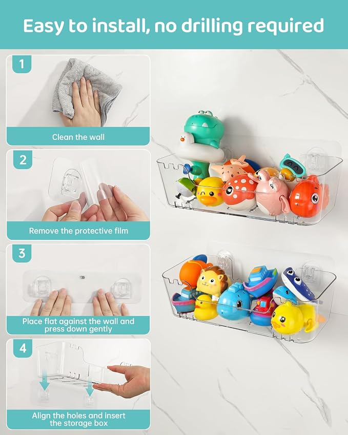 Bath Toy Storage Organizer 2+2 Pack, Bath Toy Holder with Drain Holes | Durable Plastic Bathtub Toy Storage for Bathroom, Quick-Dry Drainable Shower Caddy, Easy to Clean (Clear 2+2 Pack)