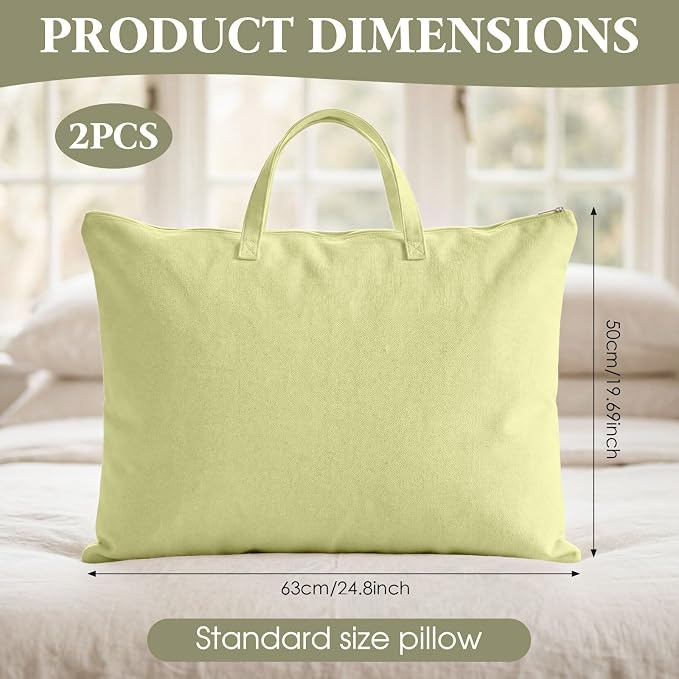 2 Pack Travel Pillow and Blanket Bags, 100% Cotton Canvas Pillow Storage Bag with Handles, Heavy Duty Breathable Organizer for Bedding Linens, Pillow Bag for Traveling(2,Olive Green,20"x26")