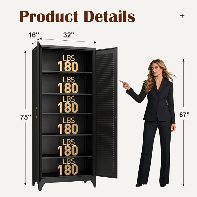 SteeLoong 75" Metal Storage Cabinet with Doors and 5 Adjustable Shelves | Kitchen Pantry Cabinet,Black Tall Freestanding Cupboard with Gold Handle,Steel Garage Cabinets for Tool,Office,Kitchen,School