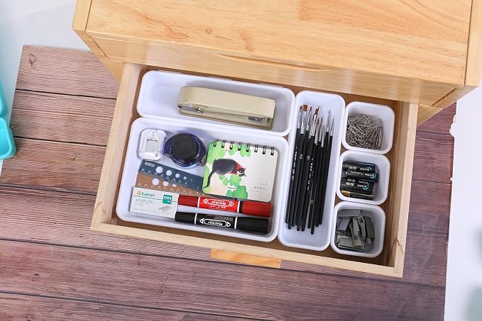 Kutesna 15PCS Interlocking Drawer Organizer, Plastic Desk Organizer Set | 3-Size Versatile Storage Bins,BPA-free, Non-slip, Fits Any Drawer for Cosmetics, Bathroom, Tools, Kitchen and Office, White