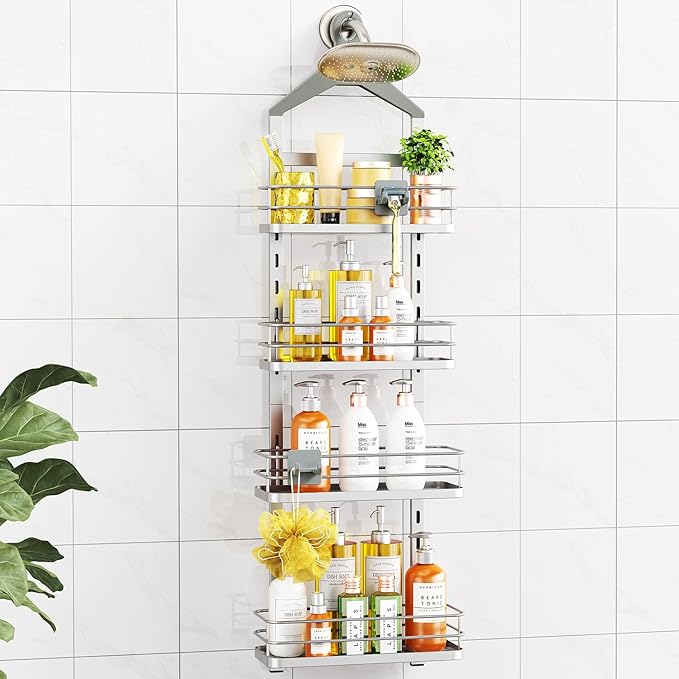 ODesign 4 Tier Adjustable Shower Caddy Hanging Over Showerhead Silver | Shower organizer hanging,no drilling required,comes with removable hook and storage box, suitable for indoor showers