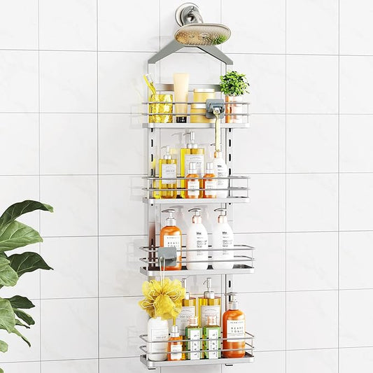 ODesign 4 Tier Adjustable Shower Caddy Hanging Over Showerhead Silver | Shower organizer hanging,no drilling required,comes with removable hook and storage box, suitable for indoor showers