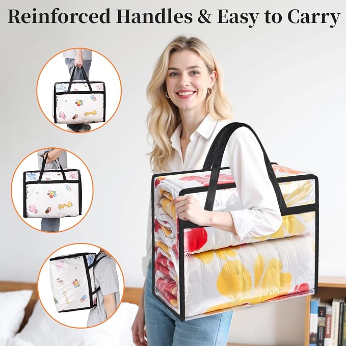 SpaceTrove Clear Storage Bags, 6-Pack Under Bed and Closet Organizers 60L | Clear PVC bags with zippers and handles, foldable waterproof moving bags store comforters, blankets, bedding, clothes and toy