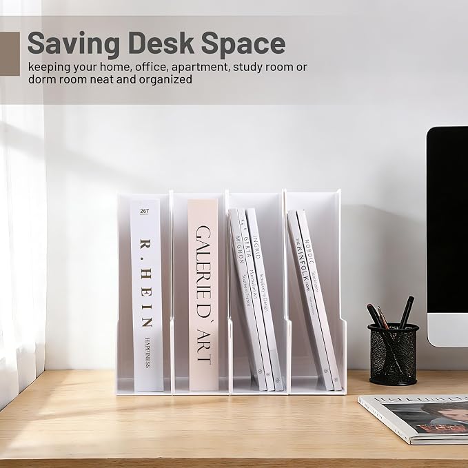 CiWiVOKi Vertical Magazine File Holder, 4 Pack, White | Desktop File Organizers for Magazines, Binders, Notebooks and Paperwork with Space-Saving Vertical Storage