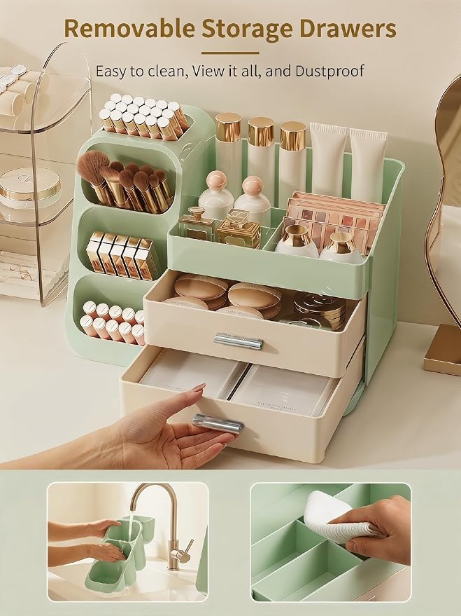 Booklov Large Makeup Organizer for Vanity Countertop, Green Cream | Plastic Cosmetic Display Case with Drawers, Beauty Brush Holder for Bathroom Counter, Skin Care Perfumes Storage