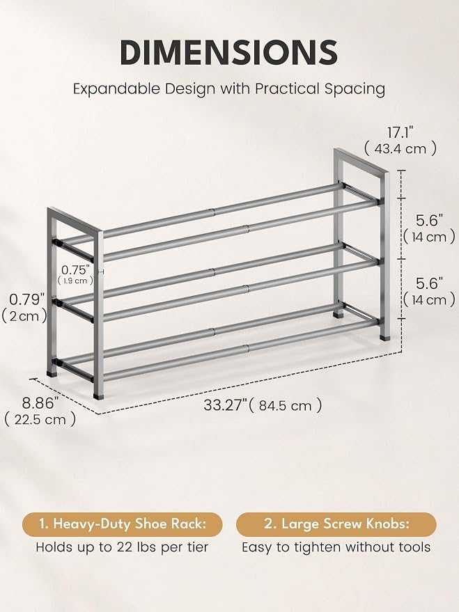 Bumusty 3 Tier Expandable Shoe Rack for Closet, Light Grey | 18"-33" Adjustable Shoe Rack for Entryway, Small Shoe Organizer for Dorm, Front Door, Sturdy Metal