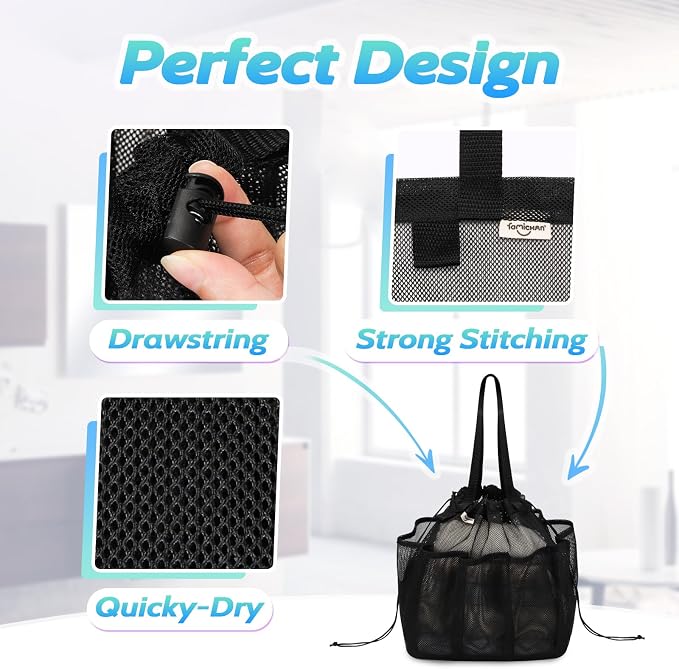 famichan Mesh Shower Caddy Portable with Drawstring, Dorm Room Essentials for College Students boy & girl, Larger Shower Bag for Camping,Swimming,Gym,Travel,Bathroom - Black