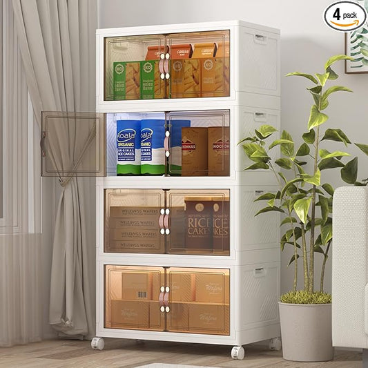 Stackable Storage Bins with Lids, 480QT Closet Organizers and Storage Cabinet with Doors & Wheels, Lockable Plastic Foldable Drawers for Bedroom Dorm Office Garage（120QT*4,White）