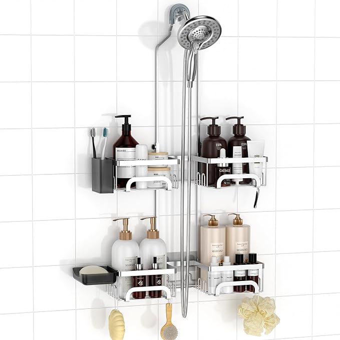 REINHARDT Split Shower Caddy Hanging for Handheld Showerheads, Silver | Adjustable Shower Organizer, Rustproof, 16 Hooks, Soap Holder, 40lbs Capacity, Anti-Slip, Tool-Free, Bathroom Accessories