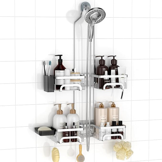 REINHARDT Split Shower Caddy Hanging for Handheld Showerheads, Silver | Adjustable Shower Organizer, Rustproof, 16 Hooks, Soap Holder, 40lbs Capacity, Anti-Slip, Tool-Free, Bathroom Accessories