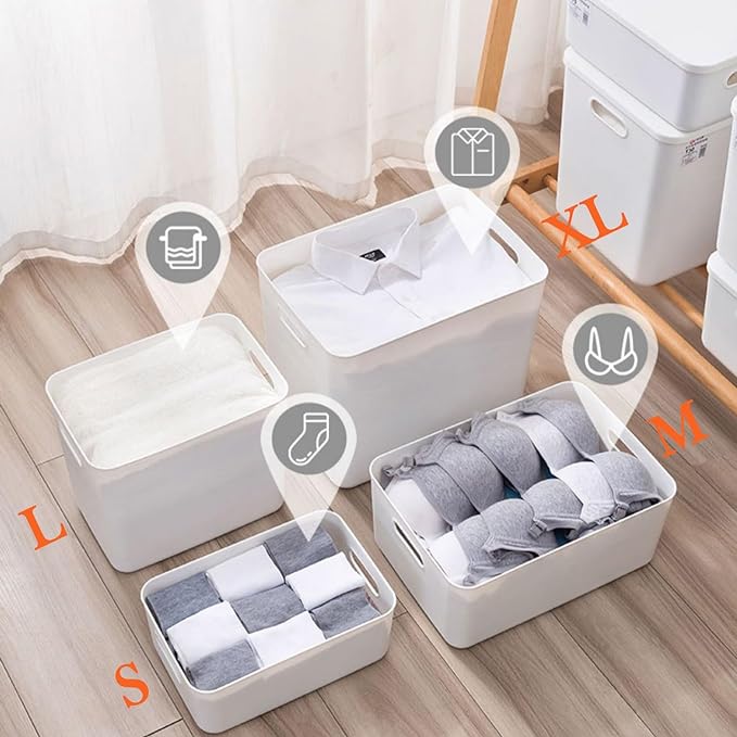 4 pack large plastic White storage bins with Lids, Toy Box Chest with Handle，Organizer Containers Baskets for Baby,Nursery，Shelves，Playroom, Bedroom，Office,Closet，home (White, 4XL)