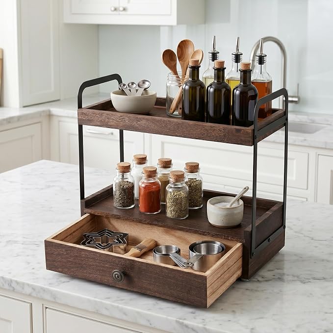 2-Tier Bathroom Counter Organizer with Drawer, Wooden Vanity Countertop Organizer for Makeup Perfume Cosmetics Skincare, Counter Shelf for Bathroom Kitchen Restroom