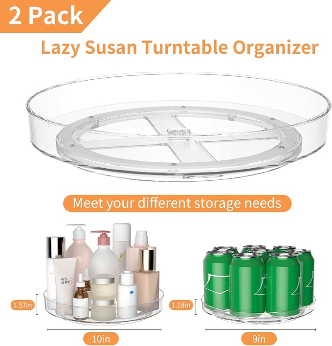 2 Pack Lazy Susan Turntable Organizer, 9 and 10 Inch Rotating Trays for Corner Cabinet, Fridge, Pantry, Kitchen, Table Top, Makeup Vanity, Bathroom Countertop Storage, Acrylic Spinning Spice Rack